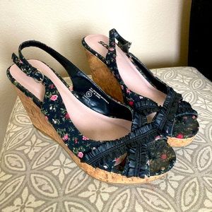 Soda Black Floral Cork Wedge Heels